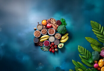 Poster - A variety of fruits and vegetables are arranged in a circle on a blue background.