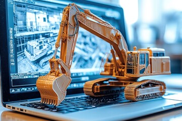 Poster - Excavator Model on Laptop Keyboard with Blurred Background