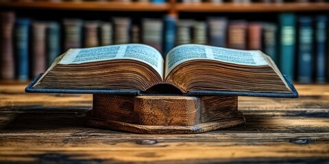 Poster - Open Old Book on Wooden Stand with Bookcase Background