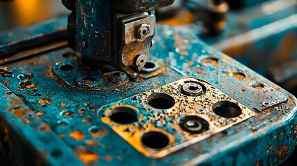 Leinwandbilder - Close up view of a powerful stamping machine precisely forming unique patterns and textures onto the surface of metal sheets during an industrial manufacturing process
