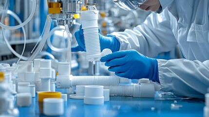 Poster - Close up view of a technician or worker wearing protective gloves and working with glue to assemble PVC pipe joints in a laboratory or industrial setting