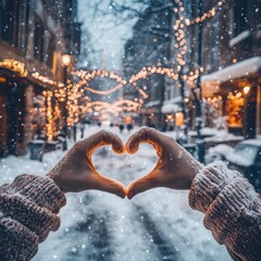 Two hands forming a heart shape, with festive holiday lights twinkling in the background