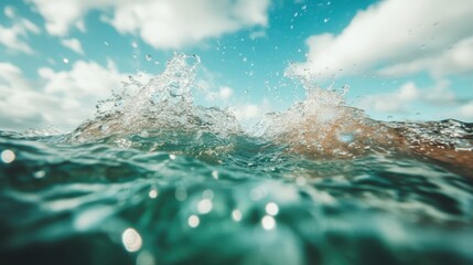 A dynamic ocean splash captured as it rises against a backdrop of bright blue sky and fluffy white clouds, evoking a sense of energy and movement.