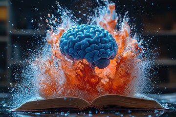 Aufkleber - Blue Brain Emerging from Open Book with Orange Splash