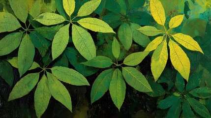 Poster - Close up view of lush vibrant green cassava leaves in a natural thriving environment  The dense foliage showcases the plant s healthy growth and the rich verdant ecosystem it is a part of