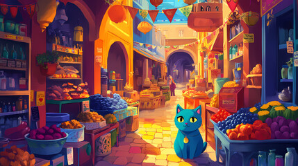 Wall Mural - An enchanting persian cat coffee t-shirt design illustrating a vibrant market scene in a bustling bazaar, generative ai. Persian Market Scene. Illustration