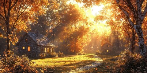 Poster - Stone Cottage Nestled in a Golden Autumn Forest