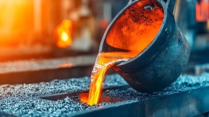 Poster - Close up view of molten aluminum being poured from a hot furnace into molds showcasing the industrial manufacturing process for metalworking and foundry