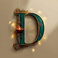 Diwali theme alphabet decoration with diya and crackers, gold ornament, graphic design illustration wallpaper 