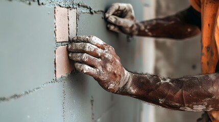 Poster - Close up view showing a worker s hands meticulously applying adhesive to install new tiles onto a wall during a home renovation or construction project