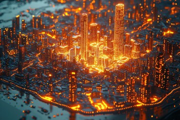 Poster - An Aerial View of a Futuristic City Illuminated by Orange Lights
