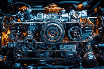 Poster - Close-up of a Complex Engine with Timing Belt and Gears