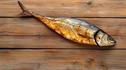 Poster - Closeup of a freshly prepared smoked mackerel fish placed flat on a plain backdrop with its tail end visible