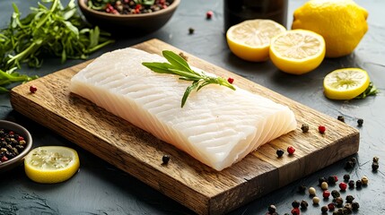 Poster - Closeup of a raw delicate monkfish fillet with a smooth texture displayed on a plain white background  The image showcases the natural beauty and unique characteristics of this seafood ingredient