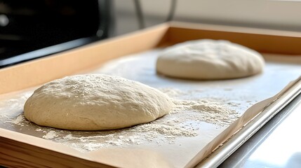Poster - Closeup of gluten free pizza dough being carefully prepared on a kitchen countertop with essential baking tools and ingredients visible