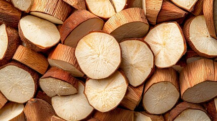 Poster - Closeup shot of freshly sliced cassava root revealing its starchy white interior against a rustic wooden background