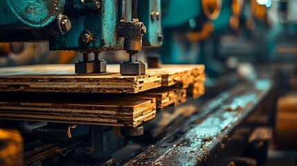 Closeup view of an industrial press machine laminating or bonding layers of plywood wood material together in a workshop or factory manufacturing setting  The machine is old weathered