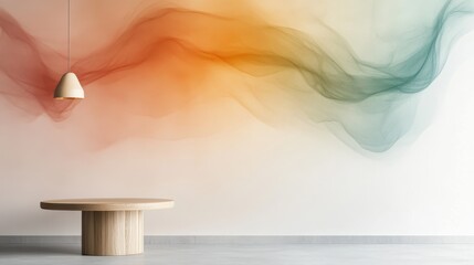 Poster - A minimalist room with a fluid color pattern in shades of orange and teal on a white wall, complemented by a wooden table and a pendant light, creating serene ambiance.