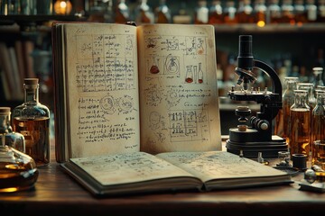 Aufkleber - An Open Book of Handwritten Notes, a Microscope, and Flasks of Liquid on a Wooden Table