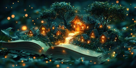 Poster - Miniature Village Illuminated on an Open Book in a Dark Forest