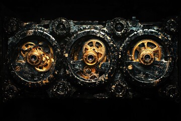 Poster - Close-up of a Mechanical Clock's Interior with Gold Gears