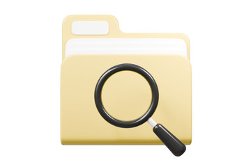 Fototapete - 3d file folder with magnifying glass icon. minimal magnifying glass and folder with files icon isola