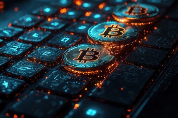 Poster - Bitcoin Cryptocurrency Coins on a Blue and Orange Illuminated Keyboard
