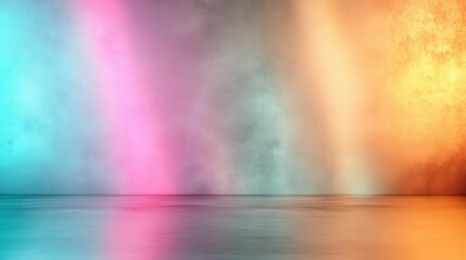 Poster - A vivid gradient wall featuring turquoise, pink, and orange hues with a soft glow, reflecting off a smooth surface, creating a serene ambiance.