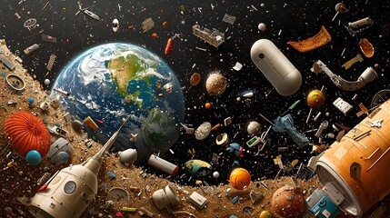 Poster - Crowded Cosmic Orbit An Depicting Earth s Orbit Cluttered with Harmful Space Debris Highlighting the Growing Environmental Concern of Orbital Pollution and the Need for Sustainable Space