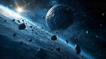 Poster - Crowded Orbit Earth Surrounded by Accumulating Space Debris Highlighting the Growing Issue of Orbital Pollution and the Need for Sustainable Space
