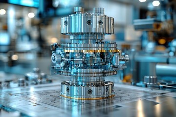 Poster - Closeup of a Complex, Shiny, Multi-Layered Machine Component