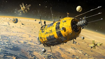 Poster - cutting edge spacecraft equipped with advanced harpoons carefully retrieving floating orbital debris