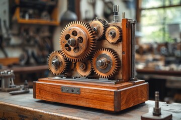 Poster - Antique Gear Mechanism on Wooden Base