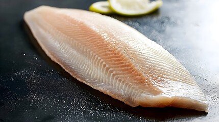 Poster - Delicate and fresh hoki fish fillet neatly presented on a smooth minimalist surface ready for culinary or use in a recipe
