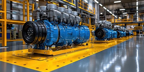 Poster - Row of Blue Industrial Engines on Yellow Platforms in a Factory