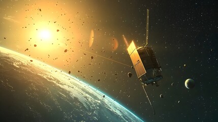Poster - Deorbit Sail Slowly Pulling Celestial Debris Back to Earth s Atmosphere in Rendered Animation Depicting Space Pollution Cleanup and Sustainability