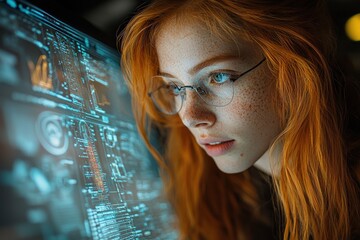 Poster - Red-haired Woman with Freckles Looking at Computer Screen with Blue Light