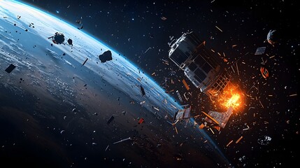 Poster - Depicting Earth s Orbit Crowded with Floating Space Debris and Abandoned Satellites Highlighting the Growing Issue of Space Pollution and the Need for Sustainable Space