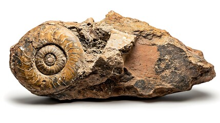 Aufkleber - Detailed Ammonite Fossil Specimen with Intricate Spiral Shell Pattern Isolated on Clean White Background for Science and Nature Concepts