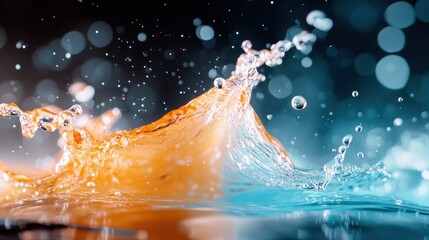 Poster - Vibrant splashes of blue and orange water collide dynamically, illustrating the beautiful chaos and energetic interaction of fluid movement in contrasting colors.