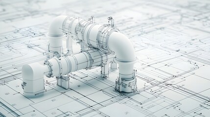 Poster - 3D rendering of a detailed schematic diagram showcasing intricate plumbing pipework joints and fittings depicted in construction blueprint or engineering plans