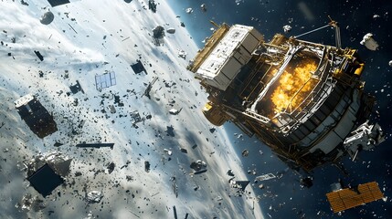 Aufkleber - A futuristic spacecraft equipped with advanced harpoon technology carefully retrieving and collecting floating space debris to promote sustainable and responsible space and environmental conservation