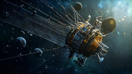 Poster - A spacecraft deploying a large net to sweep and collect the accumulated space debris floating in the Earth s orbit aiming to clean up the cluttered and hazardous space environment