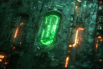 Fototapete - Green Glowing Digital Display Embedded in a Complex Circuit Board
