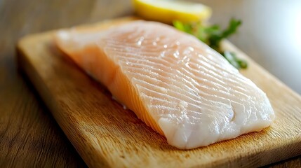 Poster - Artfully Arranged Raw Bass Fillet Displayed on a Minimalist Surface Highlighting the Delicate Texture and Fresh Seafood Essence