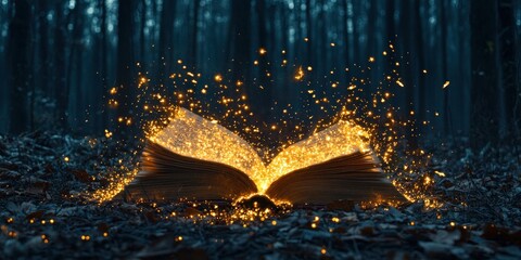 Poster - An Open Book Glowing with Golden Magic in a Dark Forest