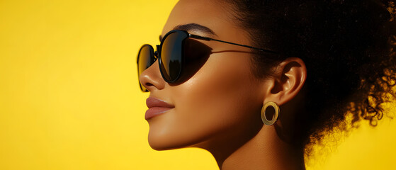 Woman Wearing Sunglasses and Gold Earrings Against Yellow Background, Woman Wearing Sunglasses and Gold Earrings Against Yellow Backgr