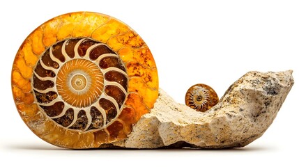Aufkleber - Detailed closeup photograph of an ancient ammonite fossil with its intricate spiral shell pattern isolated on a clean white background