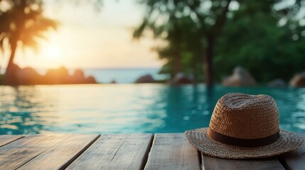 A serene image of a wooden deck poolside, featuring a hat bathed in the warm glow of a sunset, inviting relaxation and tranquil vibes at the edge of the water.