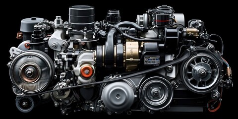 Poster - Detailed View of a Complex Engine with Multiple Components and Belts